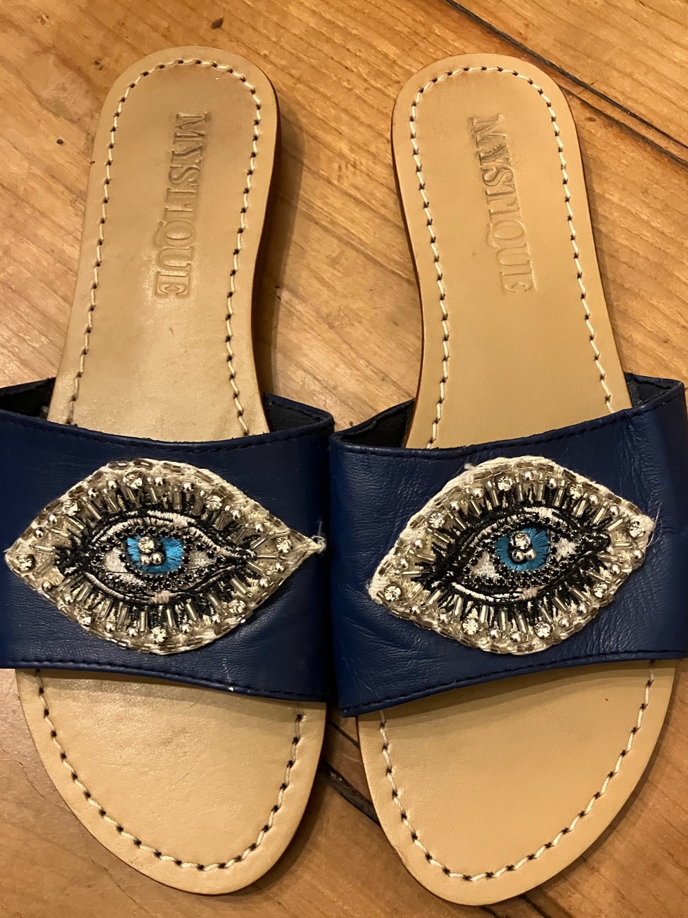 Mystique Blue Slide Sandals with Decorative Eye Applique